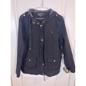 Eden Society Womens Utility Jacket Hooded Drawstring Waist Black XL